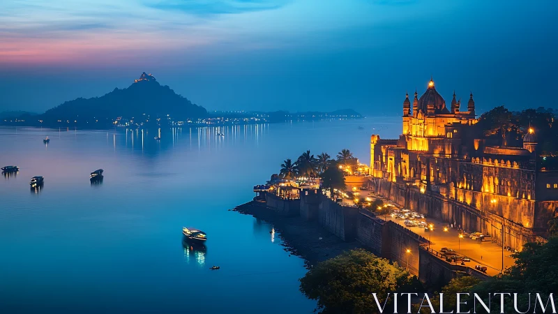 Photorealistic riverside palace at blue hour with warm city lights.