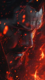 Photorealistic fiery portrait in extreme cinematic close-up.