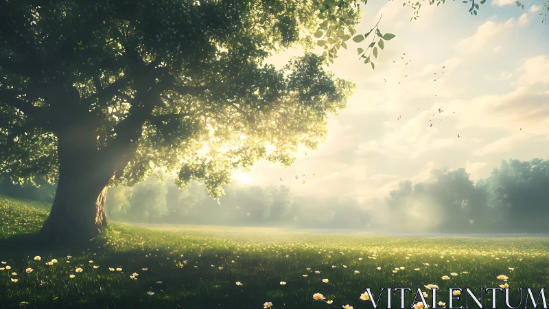 Digital painting of sunlit meadow beneath flowering oak canopy.