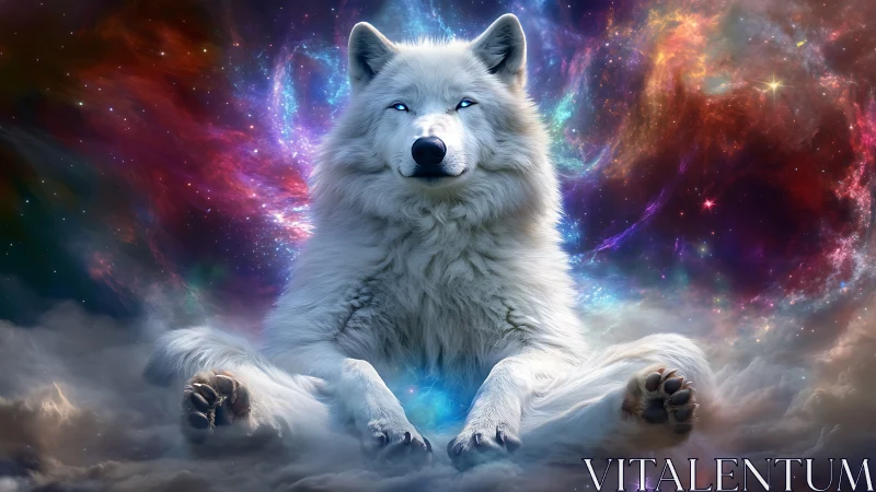 Celestial white wolf seated in vibrant cosmic nebula.