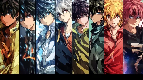 Intense anime portraits in segmented chromatic character lineup.