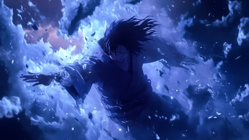 Storm-scarred warrior dives through shattering midnight clouds