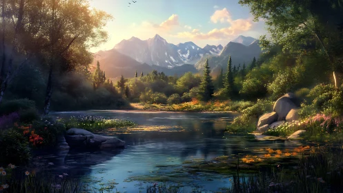 Sunlit mountain lake cradled by wildflower forests at dawn.