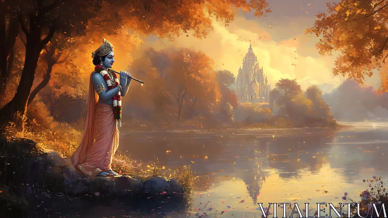 Krishna with flute by reflective river at sunset, temple beyond