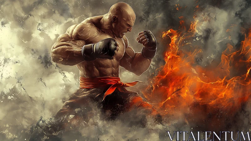 Muscular fighter in boxing stance amid swirling flames.