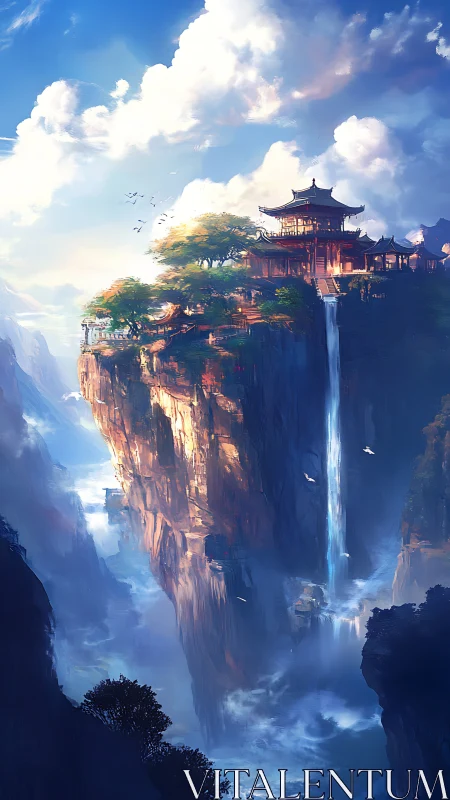 Mountain temple complex crowns a sheer cliff with cascading waterfall