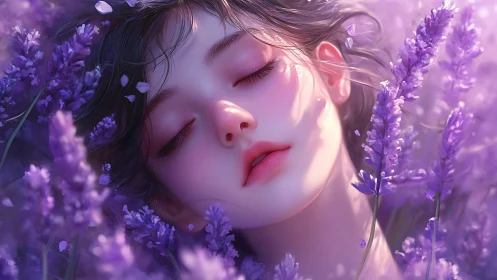 Soft-lit lavender portrait renders serene sleeping face in bloom