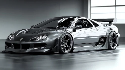 Lowered silver tuner coupe sits in studio with widebody kit