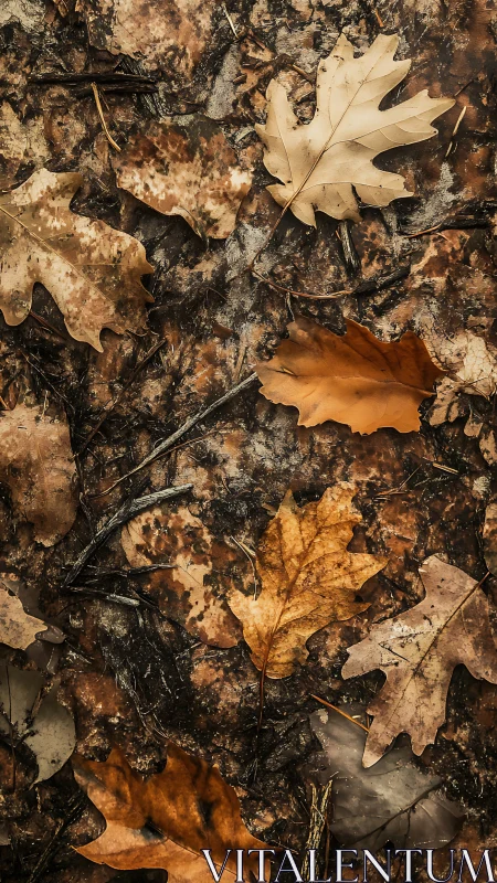 Oak leaves scattered on damp forest floor in autumn.