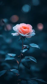 Coral Rose Bloom Against Deep Teal Bokeh Background