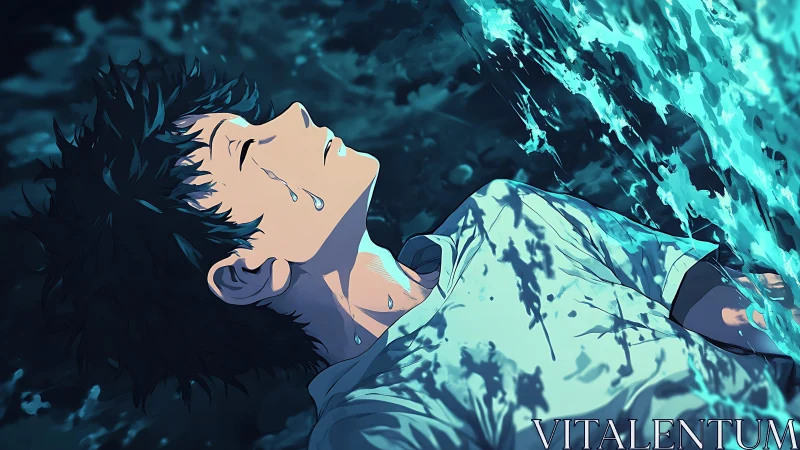 Young male figure lying under cascading blue water.