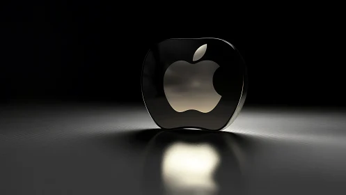 Glossy metallic apple emblem glows over dark surface.