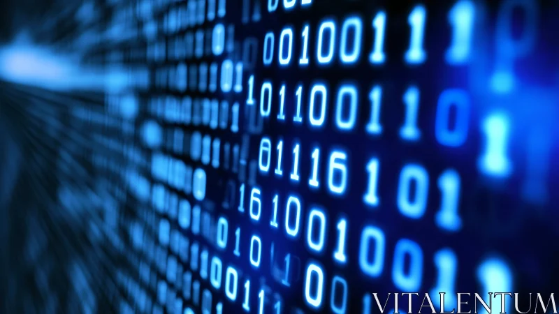 Cyberpunk binary data stream in deep blue perspective field.