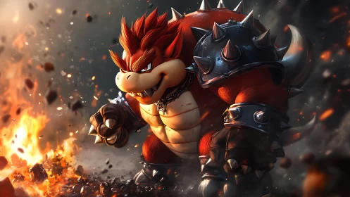 Spiked firelord stomps through molten battlefield mayhem.