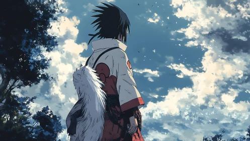 Lone anime warrior beneath vast drifting skyscape.