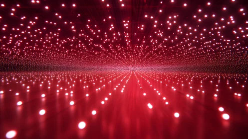 Futuristic red LED light tunnel with endless glowing dots pattern.