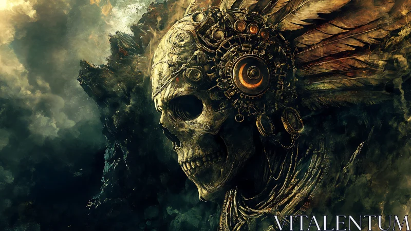 Mechanical skull profile integrates gears and feathered elements