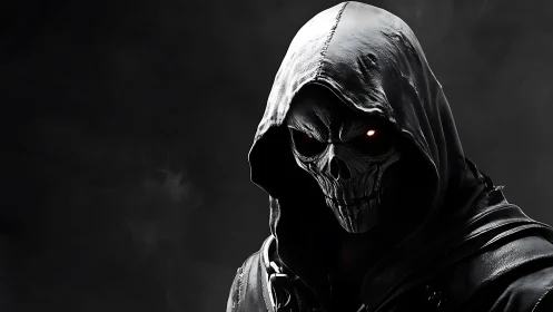 Hooded skeletal reaper with glowing eye in smoked void.