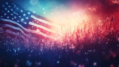 United States flag over glowing red and blue grass field