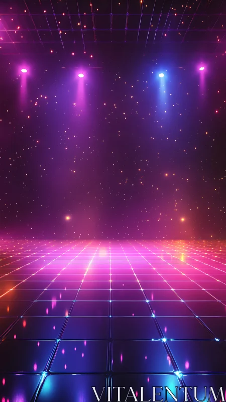 Gridded reflective floor extends beneath colored stage lights