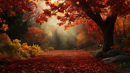 Crimson leafway under spellbound autumn sunlight.