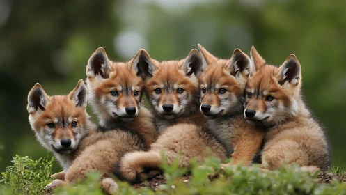 Fox siblings huddle like fuzzy commas in soft green silence