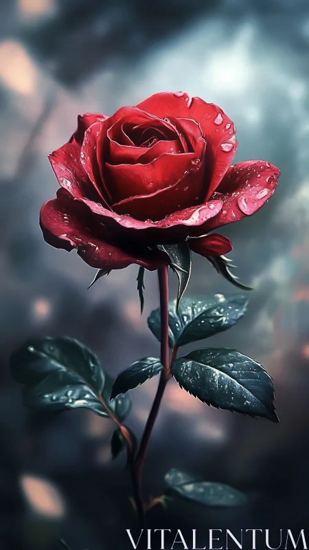 Luminous red rose with dewdrops in cinematic focus.