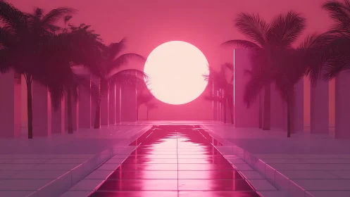 Neon palm colonnade basking under a colossal rose sunscape.