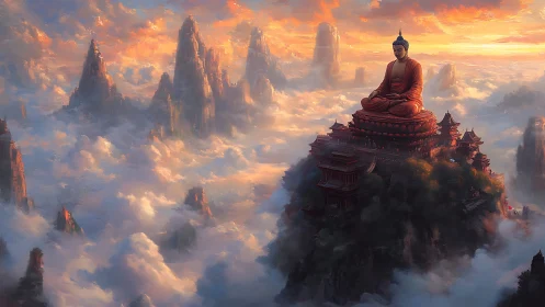Colossal meditative Buddha above cloud sea and sunset peaks