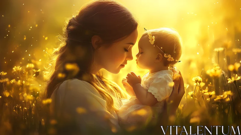 Mother and Child in Golden Flower Field at Sunset.