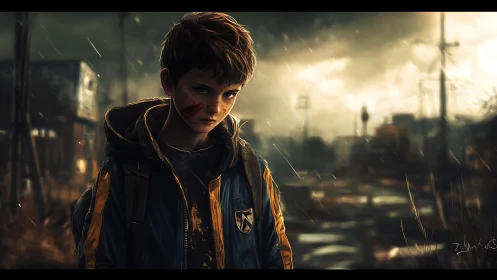 Rain-soaked boy stands in cinematic post-apocalyptic ruins at dusk