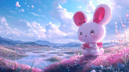 Kawaii rabbit plush under dreamy pink spring skyscape.