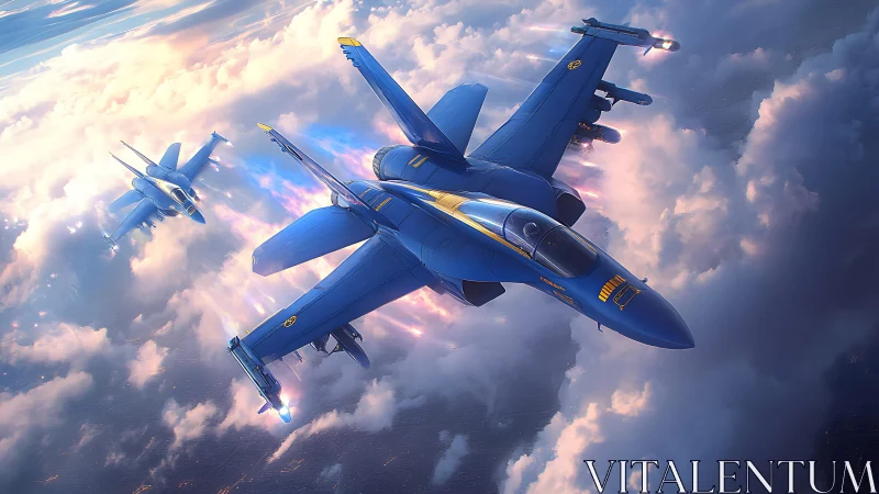 Blue jet fighters cutting through sunlit clouds in formation.