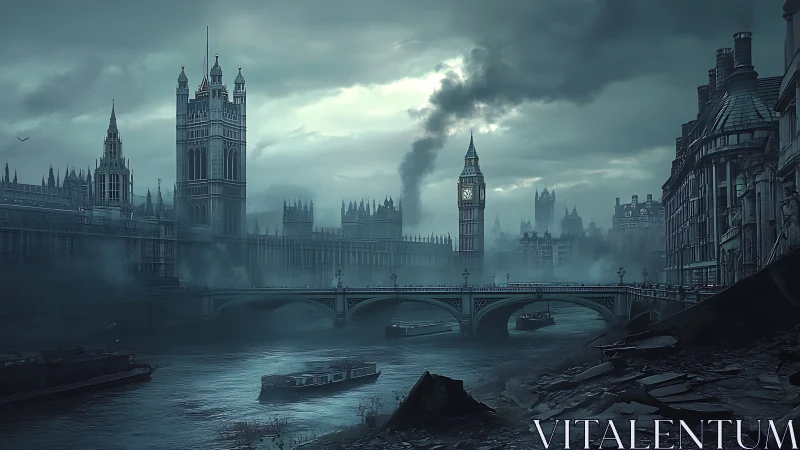 Post-apocalyptic London riverfront with Big Ben ruins.