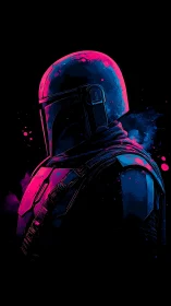 Helmeted armored figure rendered in neon duotone profile