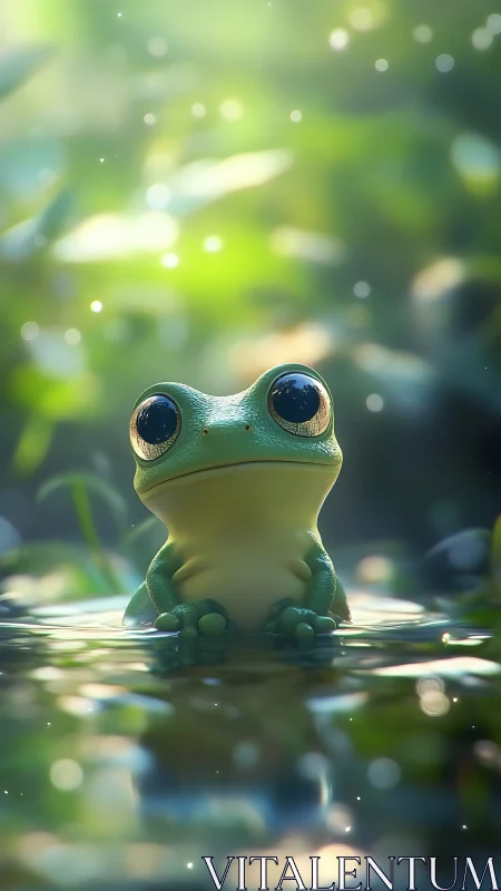 Bright-eyed pond frog basking in soft morning sparkle.