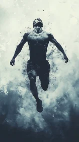 Ascendant runner shatters stormy sky in monochrome surge.