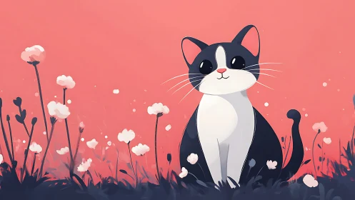 Black and White Cat in Blooming Flower Field Against Coral Sky.