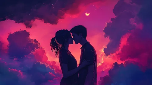 Silhouetted Couple Beneath Neon Sky with Crescent Moon.