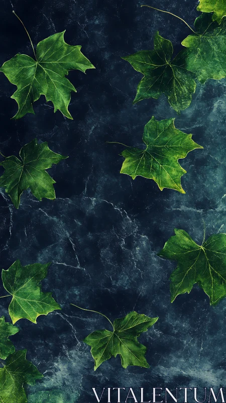 Green maple leaves scattered on dark marble surface.