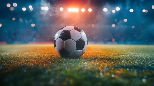 Soccer ball rests on wet stadium grass under bright floodlights.