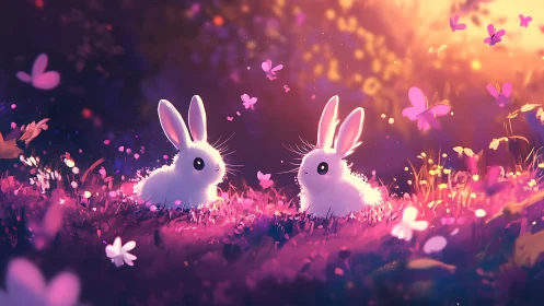 Two glowing rabbits share a magical sunset meadow moment