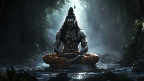 Lord Shiva in deep forest meditation with ethereal light.