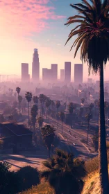 Sunset city skyline with palm trees in foreground.