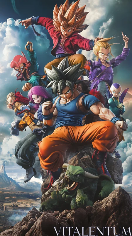 Saiyan warriors dominate stormlit sky in dynamic charge.