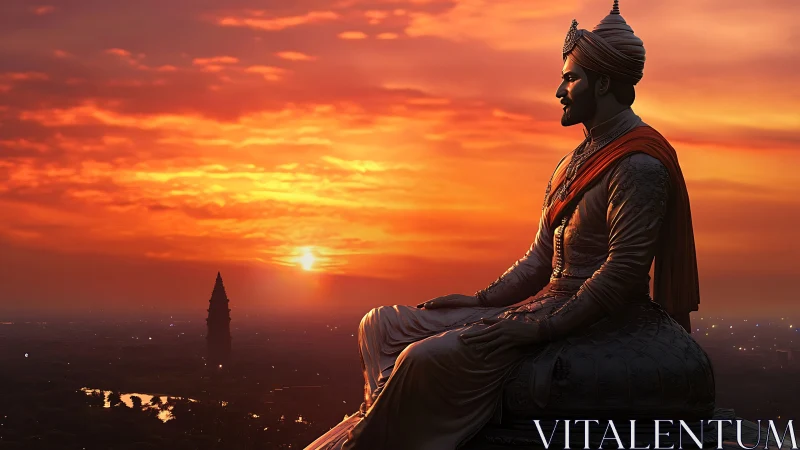 Regal warrior statue watching city at blazing sunset.