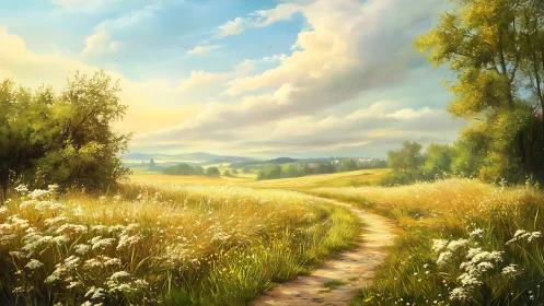 Sunlit country path winds through wildflower meadow