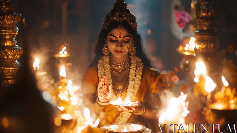 Temple firelit goddess in marigold silk blessing the night.