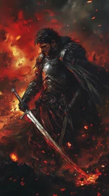 Battle-scarred dark knight stands amid raging inferno.