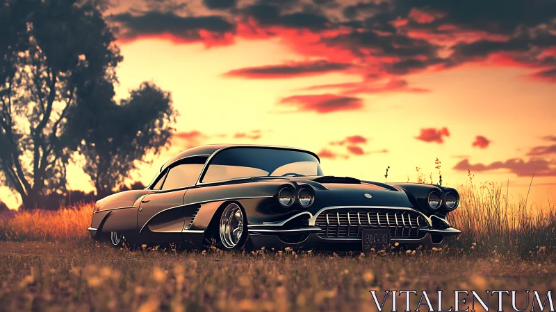 Sunset-lit classic coupe in stylized rural grassland field.